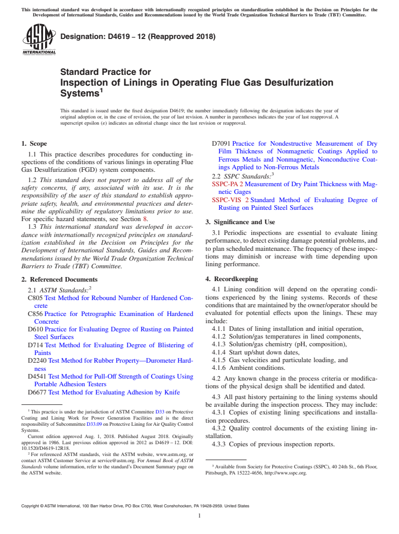 ASTM D4619-12(2018) - Standard Practice for Inspection of Linings in Operating Flue Gas Desulfurization   Systems