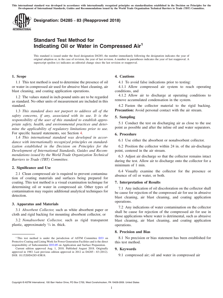 ASTM D4285-83(2018) - Standard Test Method for Indicating Oil or Water in Compressed Air