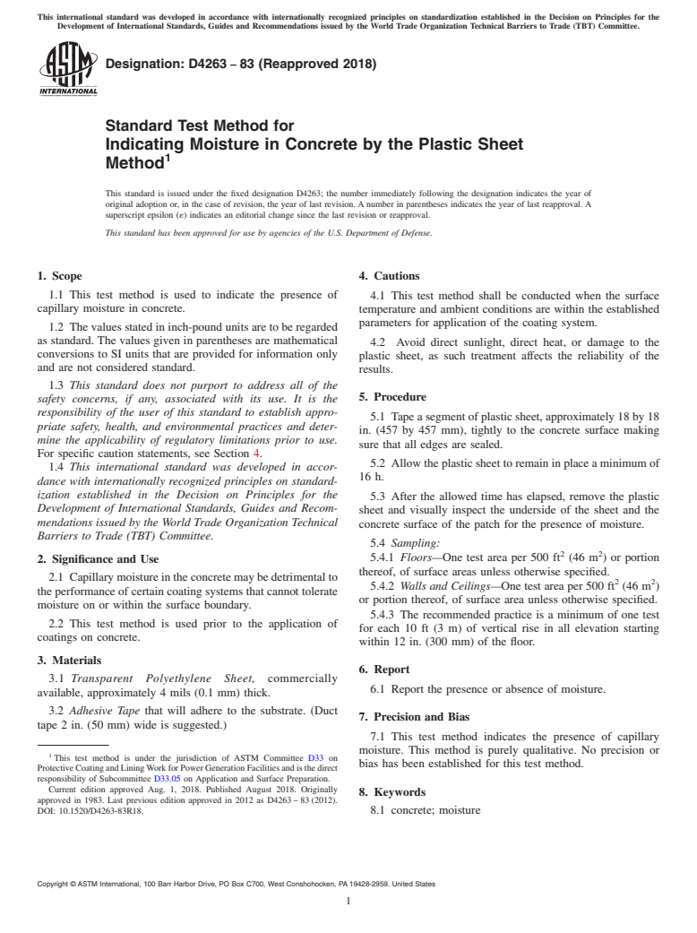 ASTM D4263-83(2018) - Standard Test Method for Indicating Moisture in Concrete by the Plastic Sheet Method