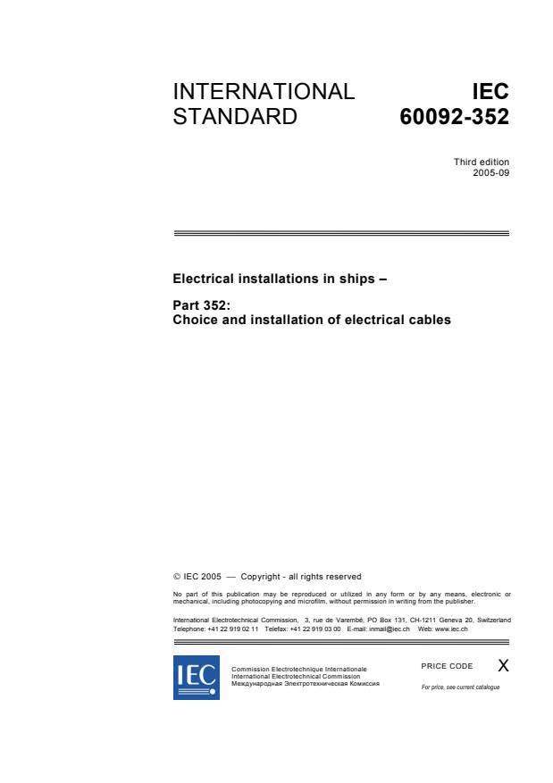 IEC 60092-352:2005 - Electrical installations in ships - Part 352: Choice and installation of electrical cables