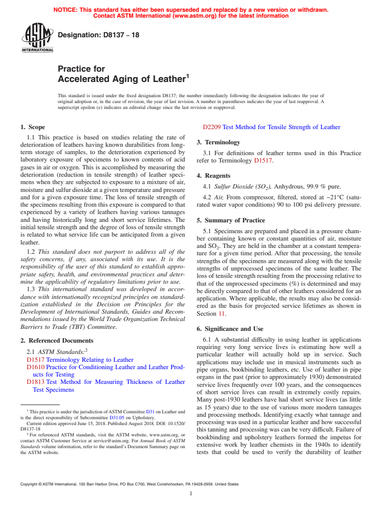 ASTM D8137-18 - Practice for Accelerated Aging of Leather