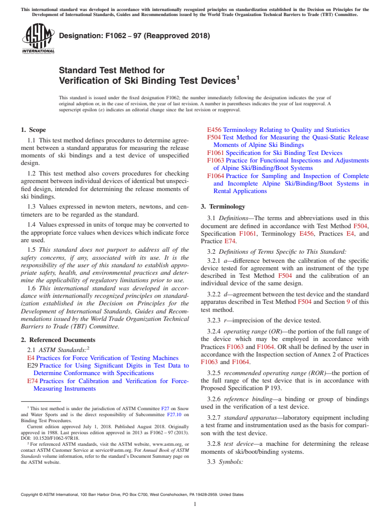 ASTM F1062-97(2018) - Standard Test Method for  Verification of Ski Binding Test Devices