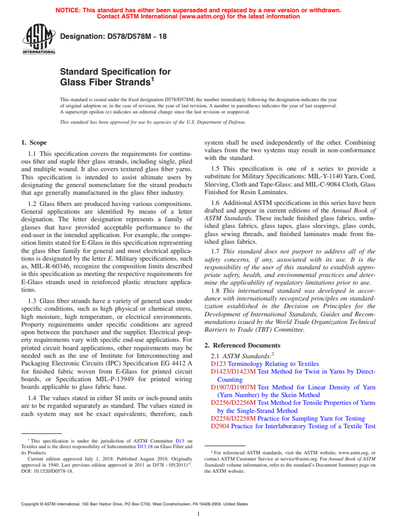 ASTM D578/D578M-18 - Standard Specification for  Glass Fiber Strands