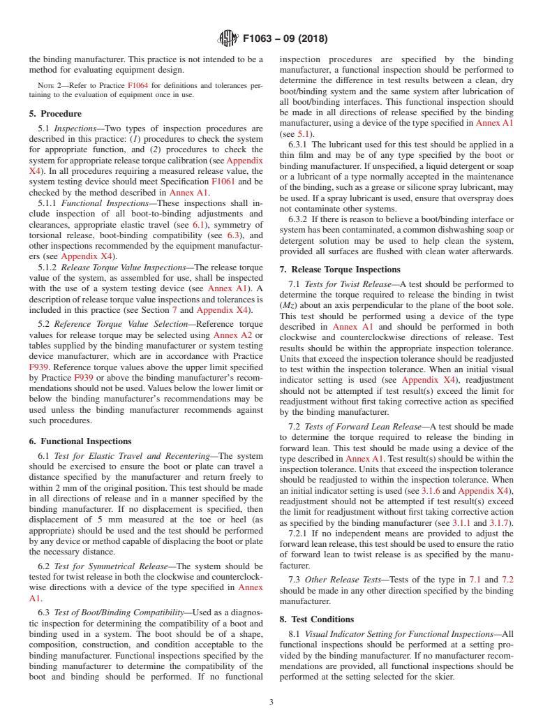 ASTM F1063-09(2018) - Standard Practice for  Functional Inspections and Adjustments of Alpine Ski/Binding/Boot  Systems