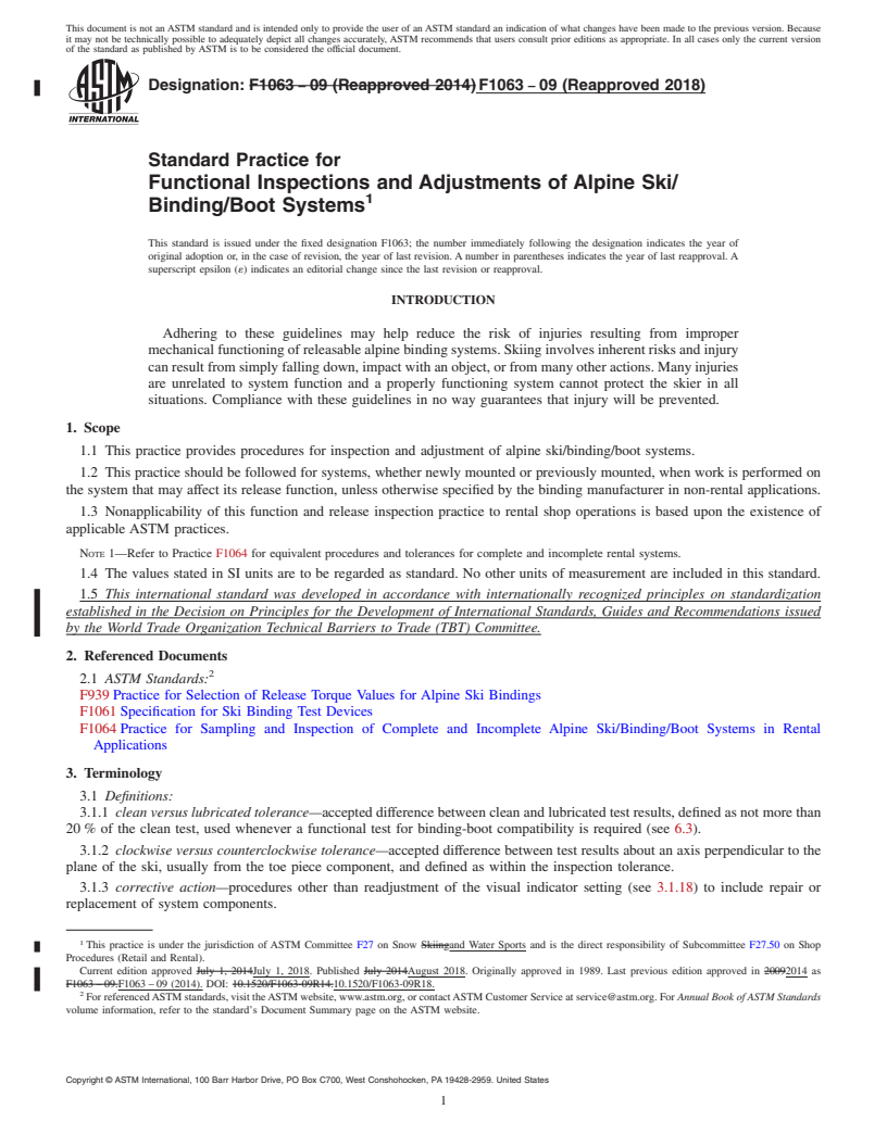 REDLINE ASTM F1063-09(2018) - Standard Practice for  Functional Inspections and Adjustments of Alpine Ski/Binding/Boot  Systems