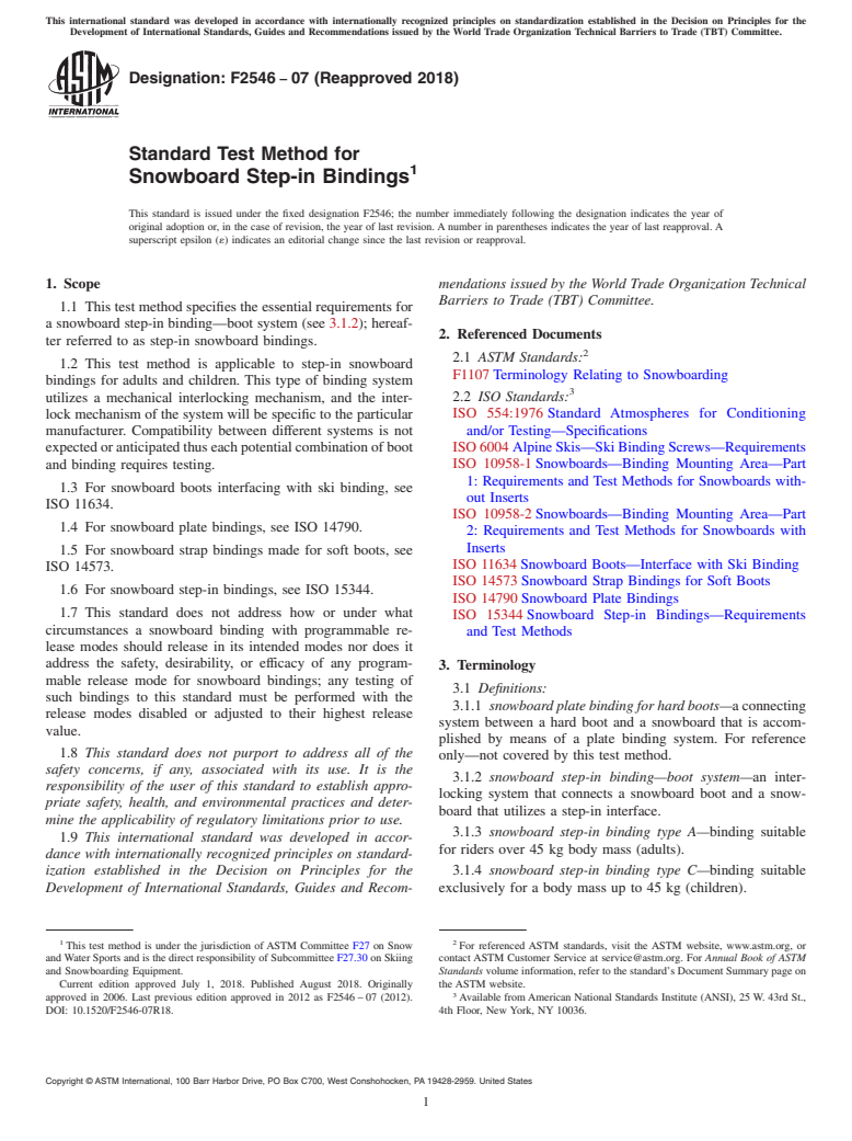 ASTM F2546-07(2018) - Standard Test Method for  Snowboard Step-in Bindings