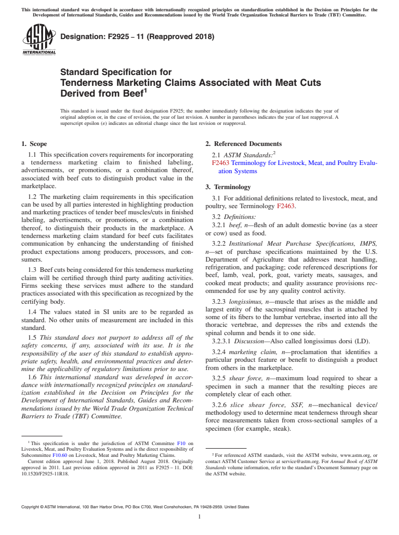 ASTM F2925-11(2018) - Standard Specification for  Tenderness Marketing Claims Associated with Meat Cuts Derived  from Beef