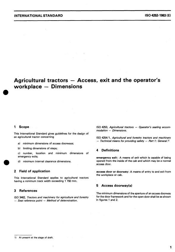 ISO 4252:1983 - Agricultural tractors -- Access, exit and the operator's workplace -- Dimensions