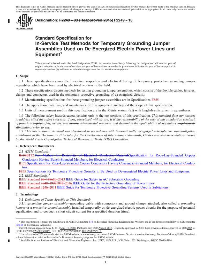 REDLINE ASTM F2249-18 - Standard Specification for  In-Service Test Methods for Temporary Grounding Jumper Assemblies  Used on De-Energized Electric Power Lines and Equipment