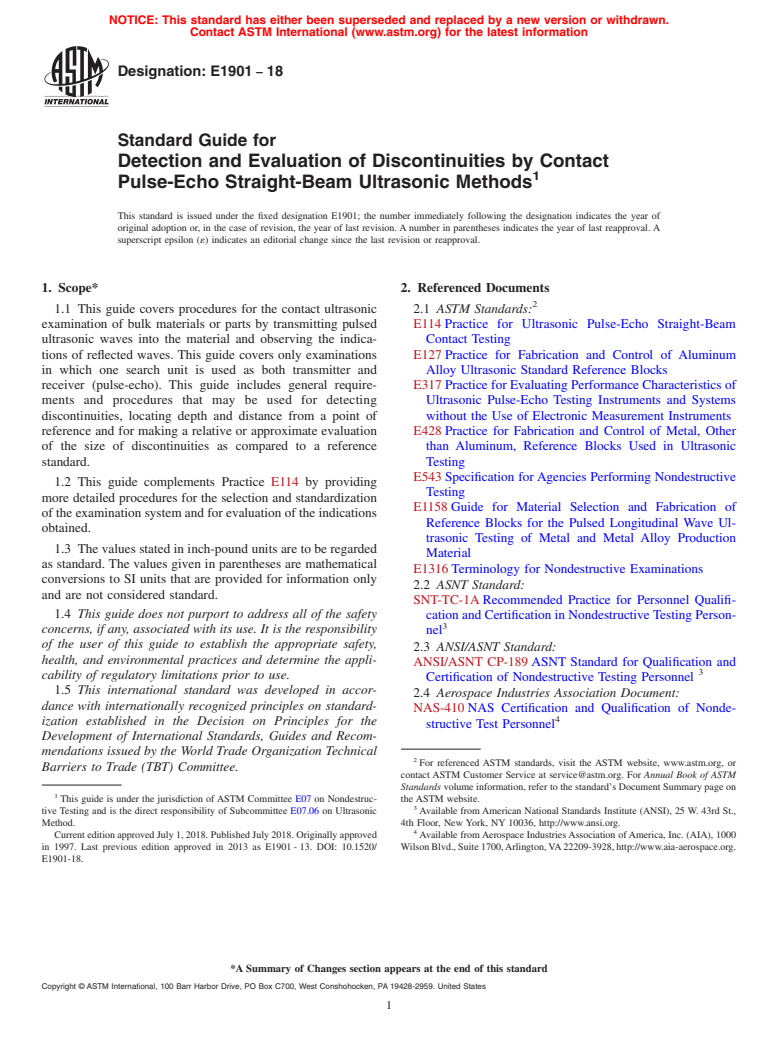 ASTM E1901-18 - Standard Guide for  Detection and Evaluation of Discontinuities by Contact Pulse-Echo  Straight-Beam Ultrasonic Methods