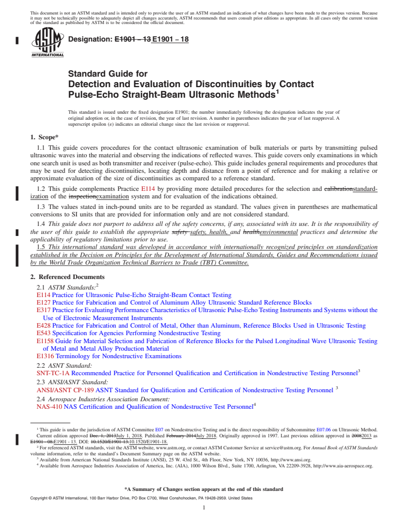 REDLINE ASTM E1901-18 - Standard Guide for  Detection and Evaluation of Discontinuities by Contact Pulse-Echo  Straight-Beam Ultrasonic Methods