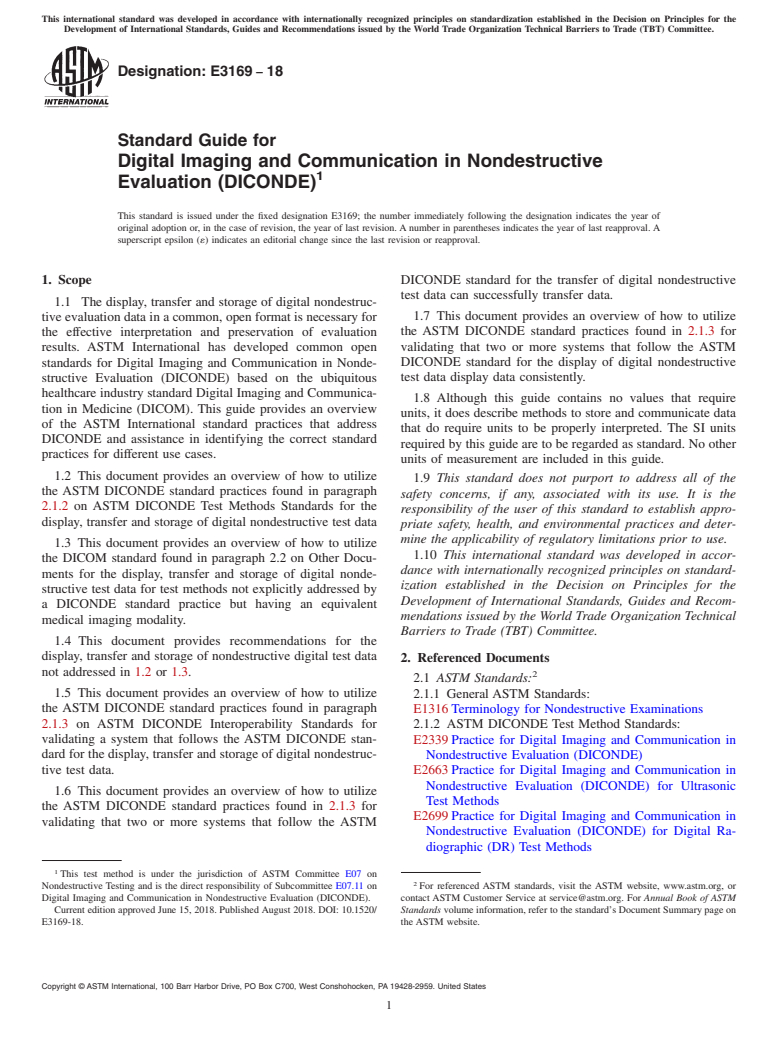 ASTM E3169-18 - Standard Guide for  Digital Imaging and Communication in Nondestructive Evaluation  (DICONDE)