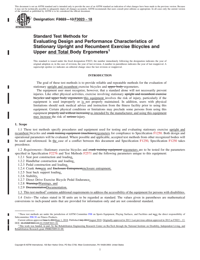 REDLINE ASTM F3023-18 - Standard Test Methods for Evaluating Design and Performance Characteristics of Stationary  Upright and Recumbent Exercise Bicycles and Upper and Total Body Ergometers