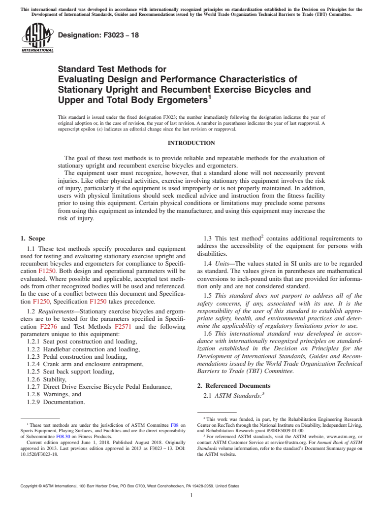 ASTM F3023-18 - Standard Test Methods for Evaluating Design and Performance Characteristics of Stationary  Upright and Recumbent Exercise Bicycles and Upper and Total Body Ergometers