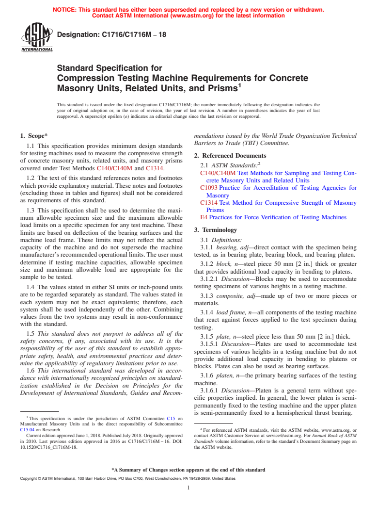 ASTM C1716/C1716M-18 - Standard Specification for  Compression Testing Machine Requirements for Concrete Masonry   Units, Related Units, and Prisms