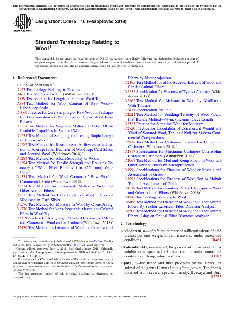 ASTM D4845-10(2018) - Standard Terminology Relating to  Wool