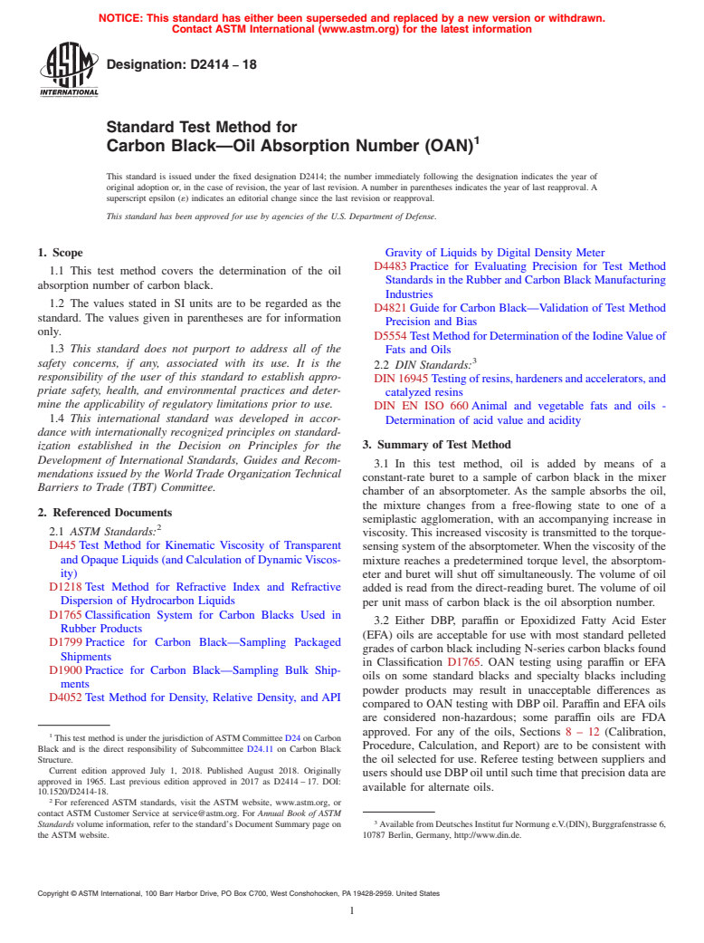 ASTM D2414-18 - Standard Test Method for Carbon Black&#x2014;Oil Absorption Number (OAN)