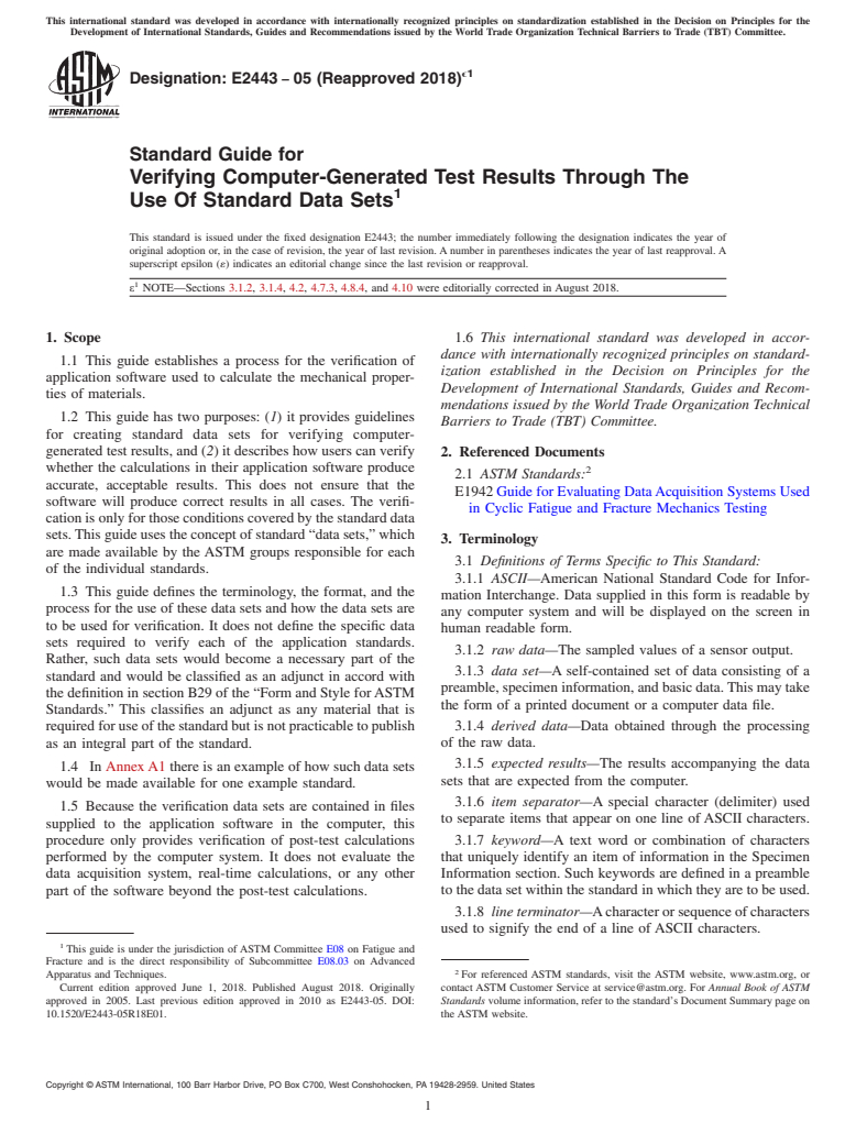 ASTM E2443-05(2018)e1 - Standard Guide for  Verifying Computer-Generated  Test Results Through The Use  Of Standard  Data Sets