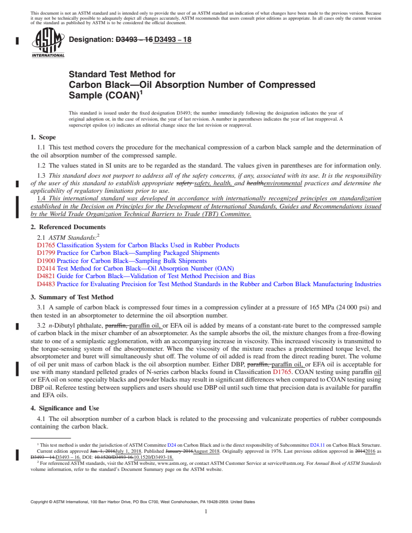 REDLINE ASTM D3493-18 - Standard Test Method for Carbon Black&#x2014;Oil Absorption Number of Compressed Sample  (COAN)