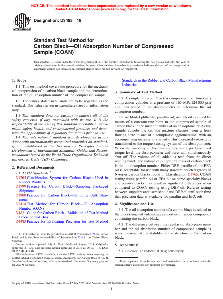 ASTM D3493-18 - Standard Test Method for Carbon Black&#x2014;Oil Absorption Number of Compressed Sample  (COAN)