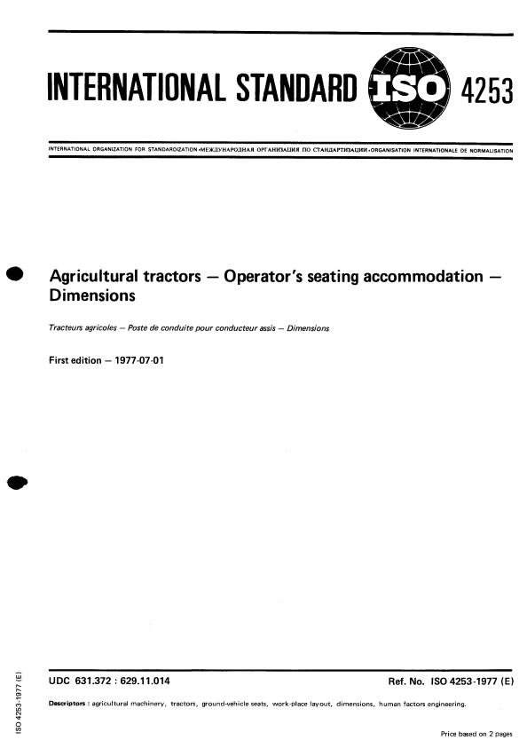 ISO 4253:1977 - Agricultural tractors -- Operator's seating accommodation -- Dimensions