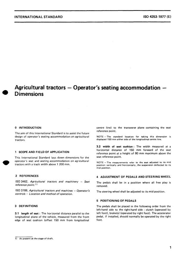 ISO 4253:1977 - Agricultural tractors -- Operator's seating accommodation -- Dimensions