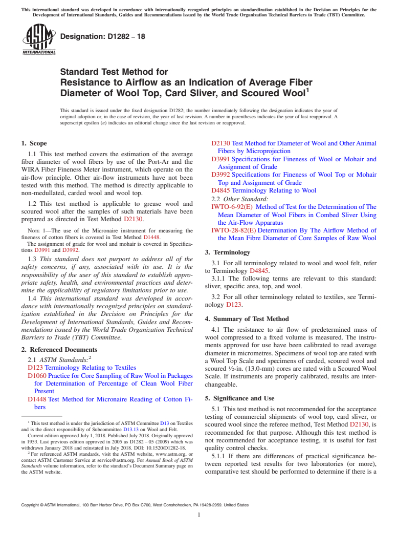 ASTM D1282-18 - Standard Test Method for  Resistance to Airflow as an Indication of Average Fiber Diameter  of Wool Top, Card Sliver, and Scoured Wool