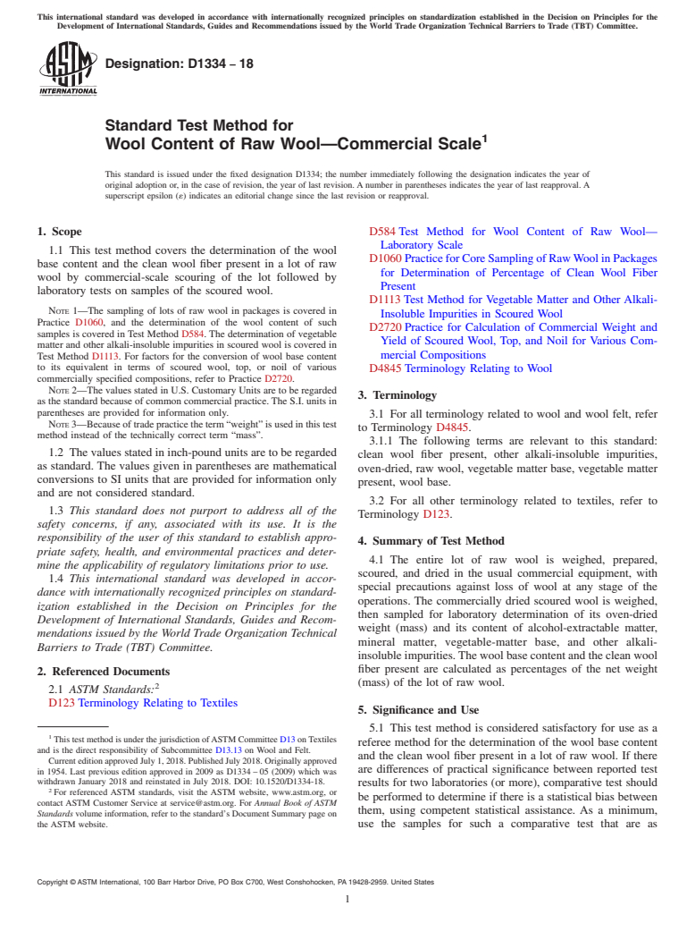 ASTM D1334-18 - Standard Test Method for  Wool Content of Raw Wool&#x2014;Commercial Scale