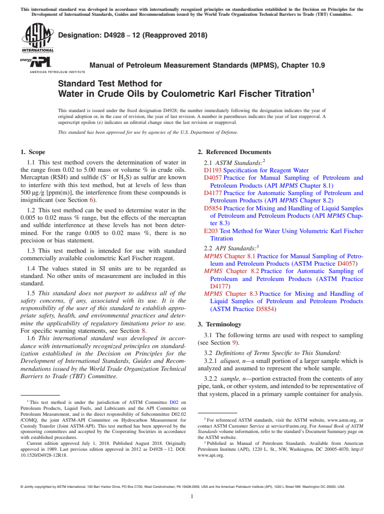 ASTM D4928-12(2018) - Standard Test Method for Water in Crude Oils by Coulometric Karl Fischer Titration