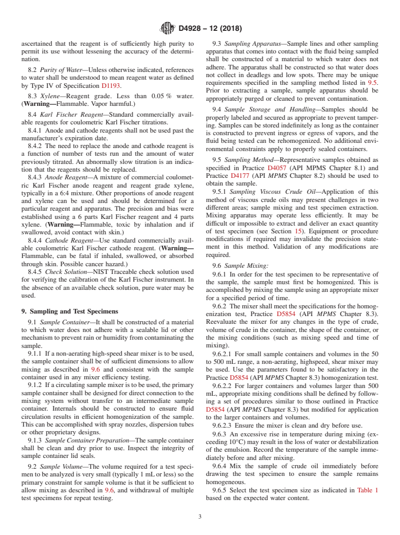 ASTM D4928-12(2018) - Standard Test Method for Water in Crude Oils by Coulometric Karl Fischer Titration