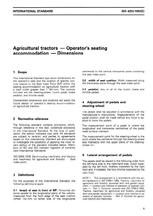 ISO 4253:1993 - Agricultural tractors -- Operator's seating accommodation -- Dimensions
