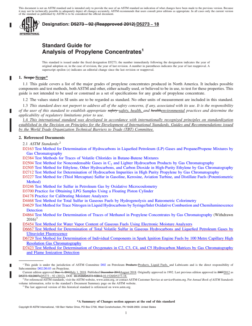 REDLINE ASTM D5273-18 - Standard Guide for  Analysis of Propylene Concentrates