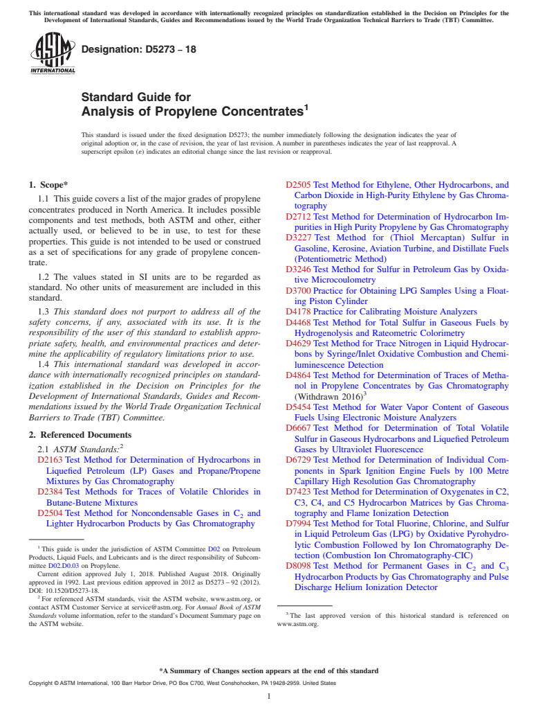 ASTM D5273-18 - Standard Guide for  Analysis of Propylene Concentrates
