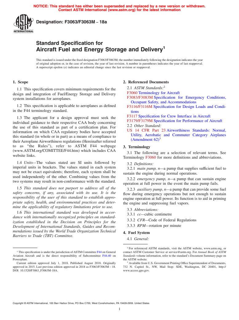 ASTM F3063/F3063M-18a - Standard Specification for Aircraft Fuel and Energy Storage and Delivery