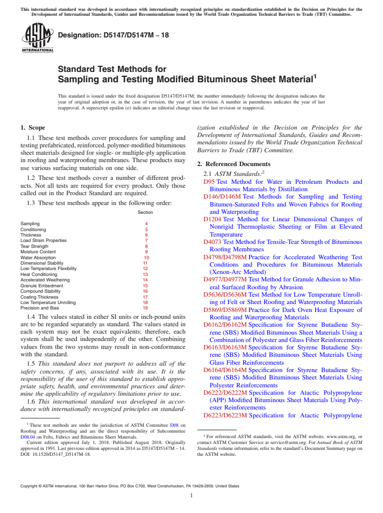 ASTM D5147/D5147M-18 - Standard Test Methods for  Sampling and Testing Modified Bituminous Sheet Material
