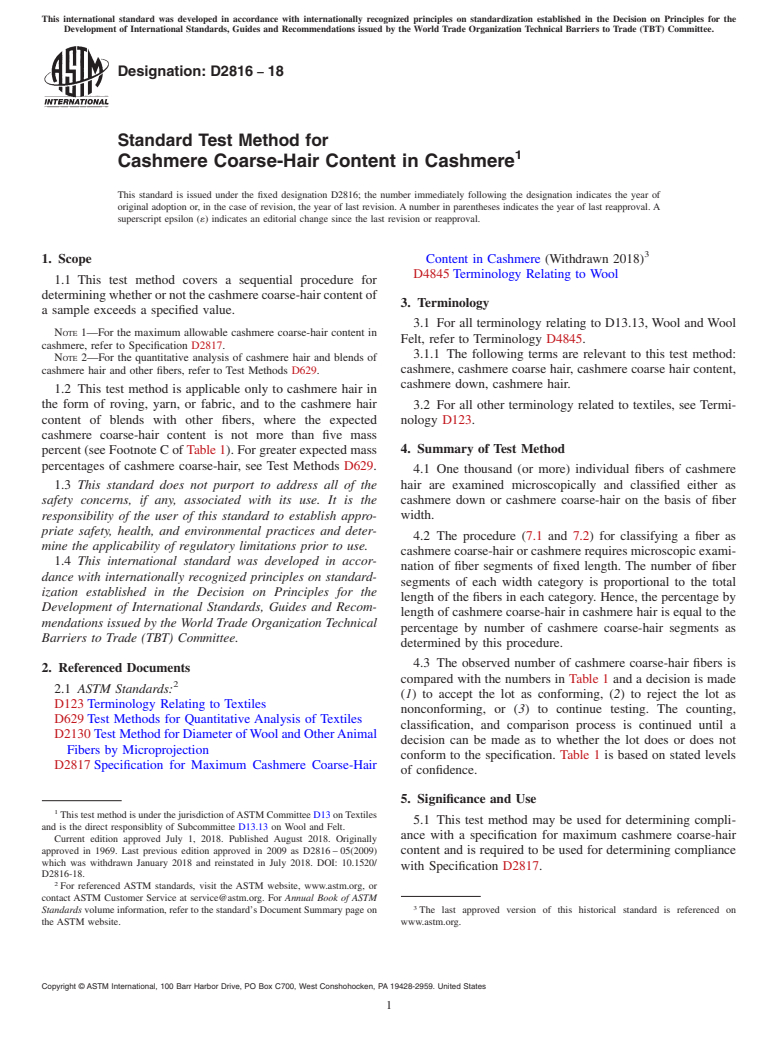 ASTM D2816-18 - Standard Test Method for  Cashmere Coarse-Hair Content in Cashmere