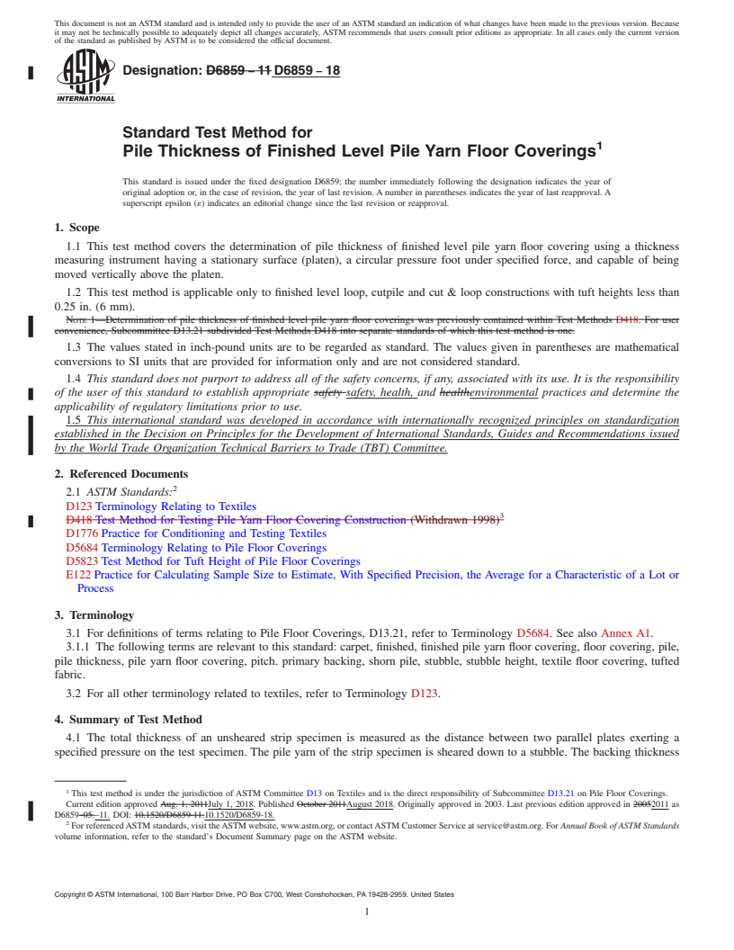 REDLINE ASTM D6859-18 - Standard Test Method for  Pile Thickness of Finished Level Pile Yarn Floor Coverings