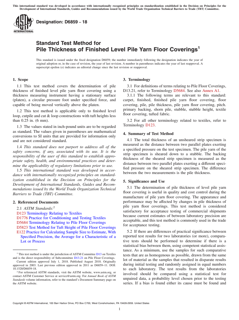 ASTM D6859-18 - Standard Test Method for  Pile Thickness of Finished Level Pile Yarn Floor Coverings