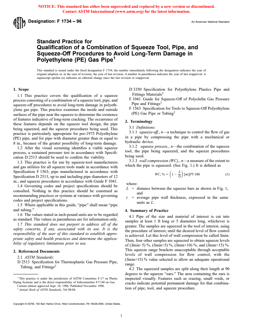 ASTM F1734-96 - Standard Practice for Qualification of a Combination of Squeeze Tool, Pipe, and Squeeze-Off Procedures to Avoid Long-Term Damage in Polyethylene (PE) Gas Pipe