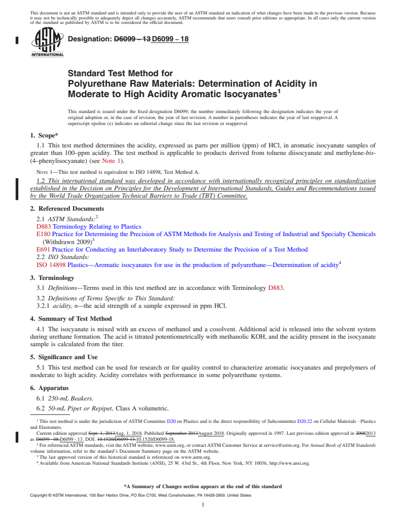 REDLINE ASTM D6099-18 - Standard Test Method for Polyurethane Raw Materials: Determination of Acidity in Moderate  to High Acidity Aromatic Isocyanates