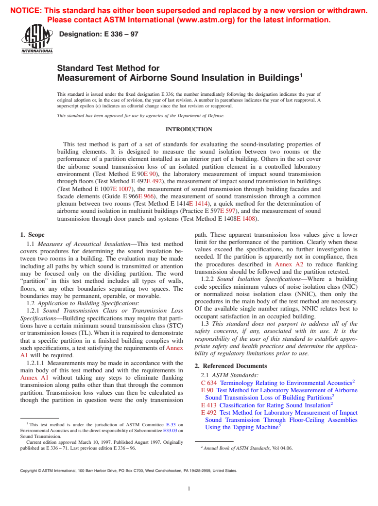 ASTM E336-97 - Standard Test Method for Measurement of Airborne Sound Insulation in Buildings