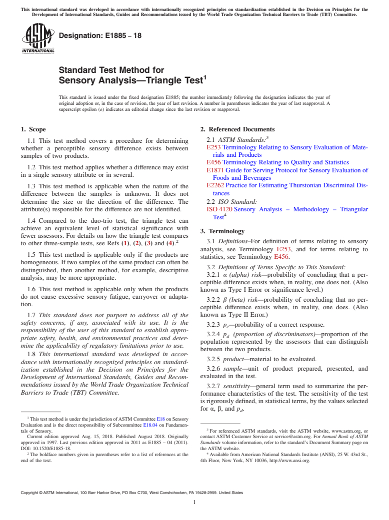 ASTM E1885-18 - Standard Test Method for  Sensory Analysis&#x2014;Triangle Test