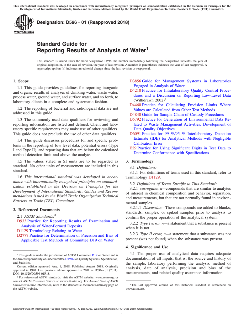 ASTM D596-01(2018) - Standard Guide for  Reporting Results of Analysis of Water