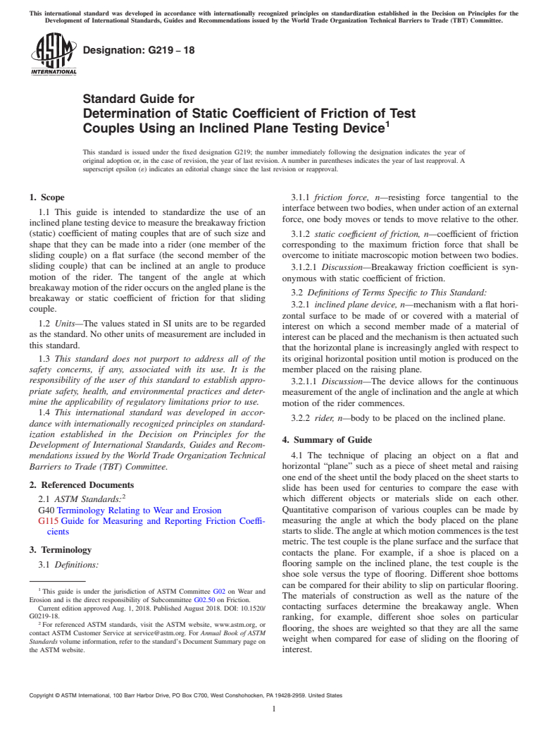 ASTM G219-18 - Standard Guide for Determination of Static Coefficient of Friction of Test Couples  Using an Inclined Plane Testing Device