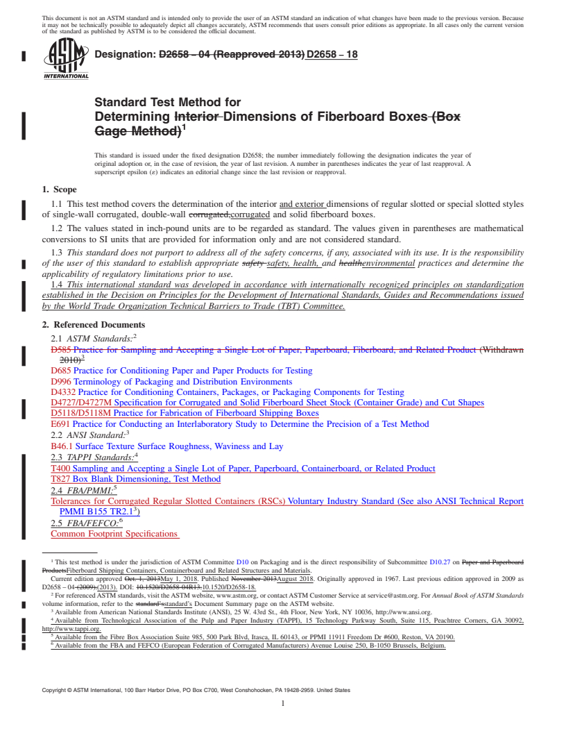 REDLINE ASTM D2658-18 - Standard Test Method for Determining Dimensions of Fiberboard Boxes