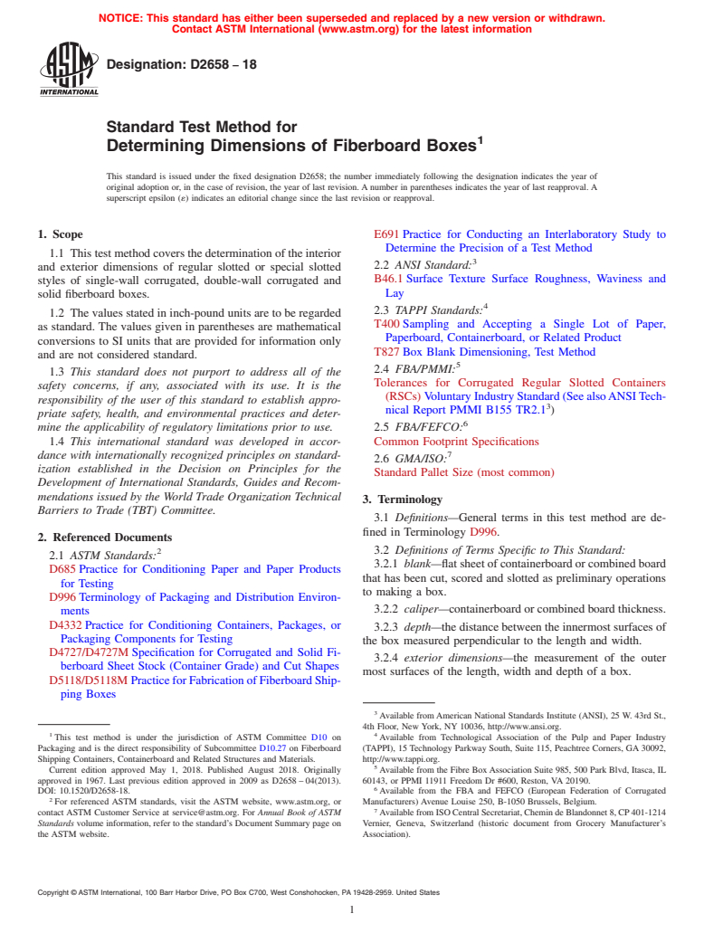 ASTM D2658-18 - Standard Test Method for Determining Dimensions of Fiberboard Boxes