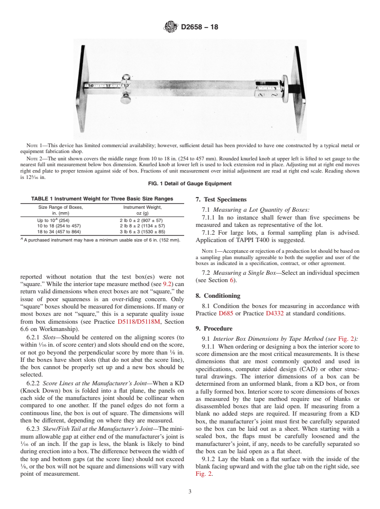 ASTM D2658-18 - Standard Test Method for Determining Dimensions of Fiberboard Boxes