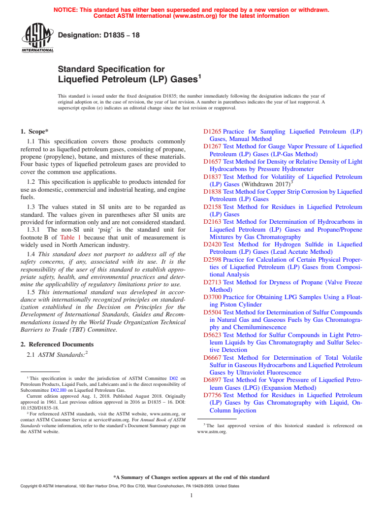 ASTM D1835-18 - Standard Specification for Liquefied Petroleum (LP) Gases