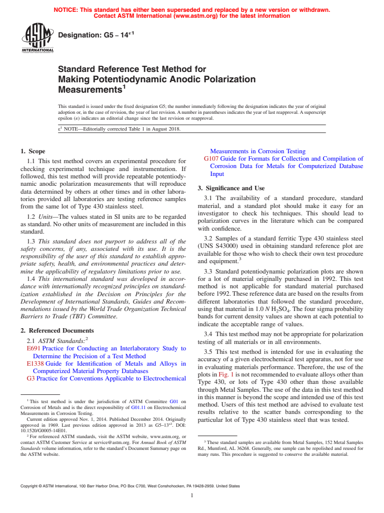 ASTM G5-14e1 - Standard Reference Test Method for Making Potentiodynamic Anodic Polarization Measurements