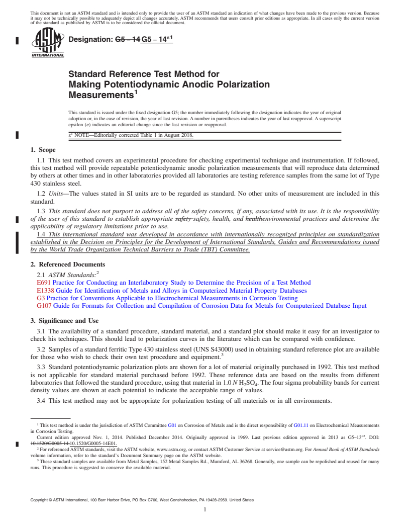 REDLINE ASTM G5-14e1 - Standard Reference Test Method for Making Potentiodynamic Anodic Polarization Measurements